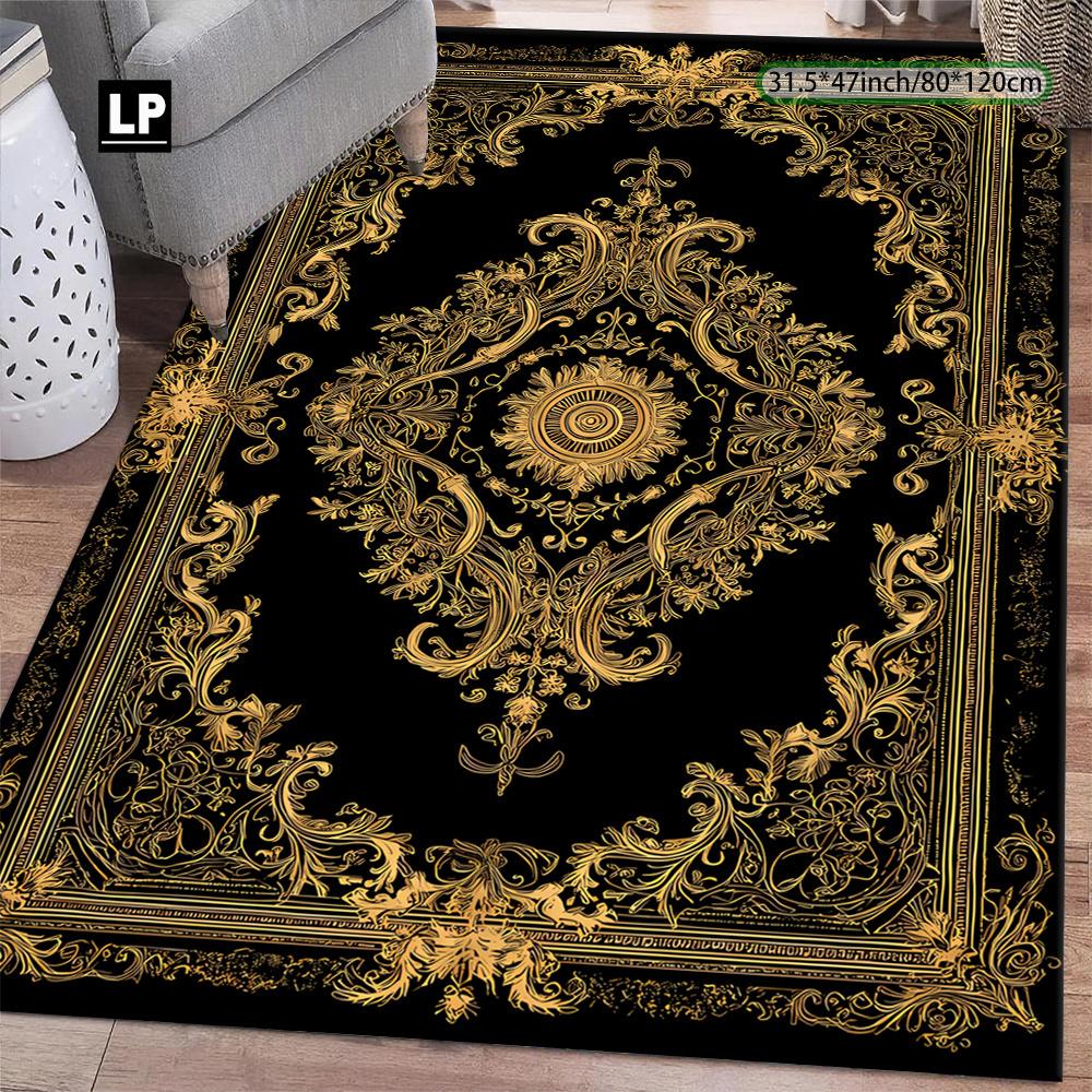 Luxury Black Gold Baroque Print Carpet Plush Flannel Rug Living Room Bedroom Home Decor Area Rug Non Slip Floor Mat
