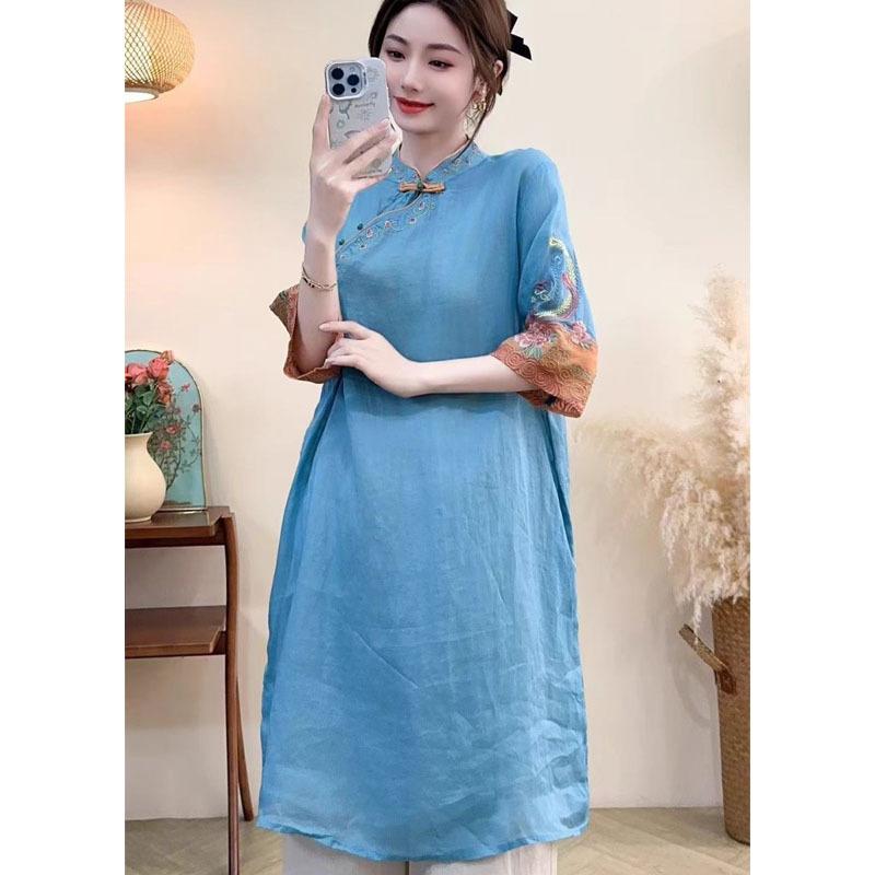 Women's Spring Summer New Chinese Style Cotton Linen Dress Mandarin Collar Frog Button Heavy Embroidery Loose Zen Literary Slimming Midi Dress