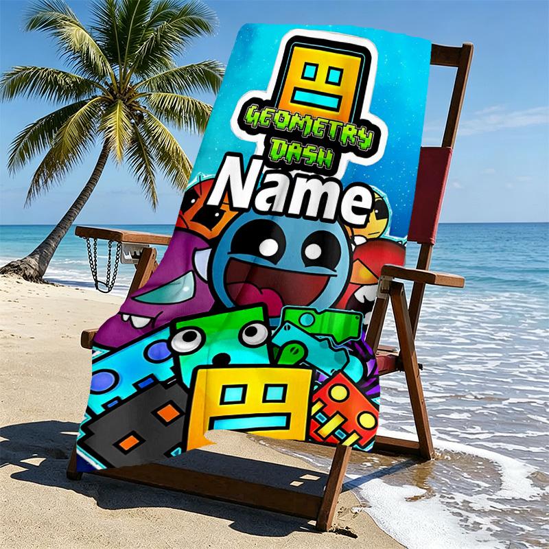 Custom Name Personalized Geometry Dash Print Beach Towel, for Trip Camping Beach Party Home Decor, Birthday Gift for Family & Friends