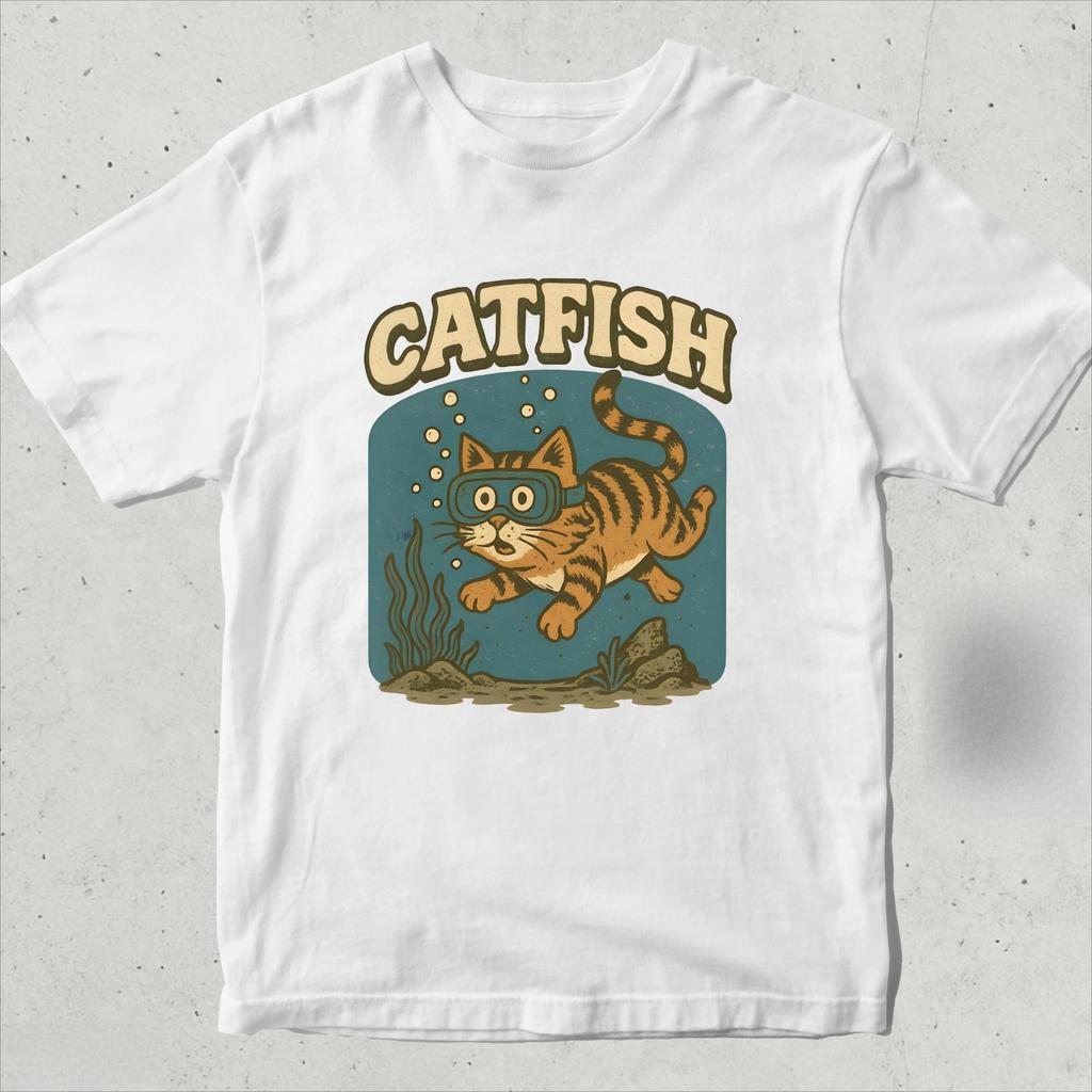 Funny Catfish T-Shirt with Scuba Diving Cat Graphic / Cute Retro Animal Pun Tee for Cat Lovers Humorous Vintage Style Cat Shirt
