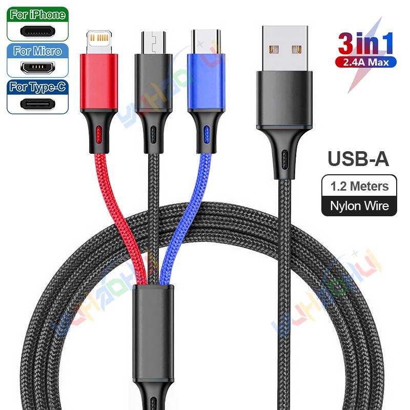 2.4A Max 3 w 1 kabel USB szybkie ładowanie kabel błyskawicy do iPhone'a typu C kabel do ładowania telefonu komórkowego do Xiaomi Samsung USB Micro
