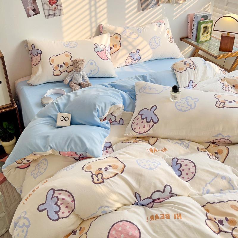 Washed Cotton 4Pcs Dormitory Small Fresh Naked Sleeping 3Pcs Double-Layer Yarn Bed Sheet Quilt Cover