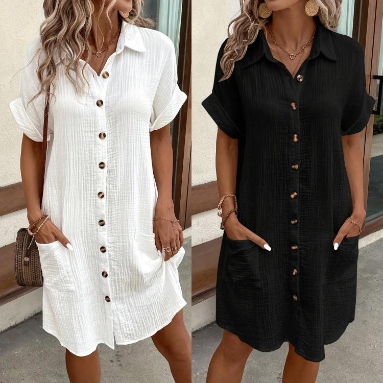 Women's Casual Plus Size Dress Solid Color Cotton Linen-breasted Mid-length Short-sleeved Lapel Loose Shirt Dress
