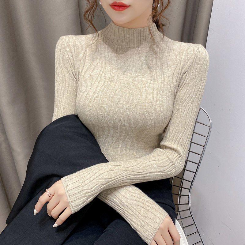 Semi-high-neck Sweater Solid-color Pullover and Fitted Knitted Sweater Are Worn Inside
