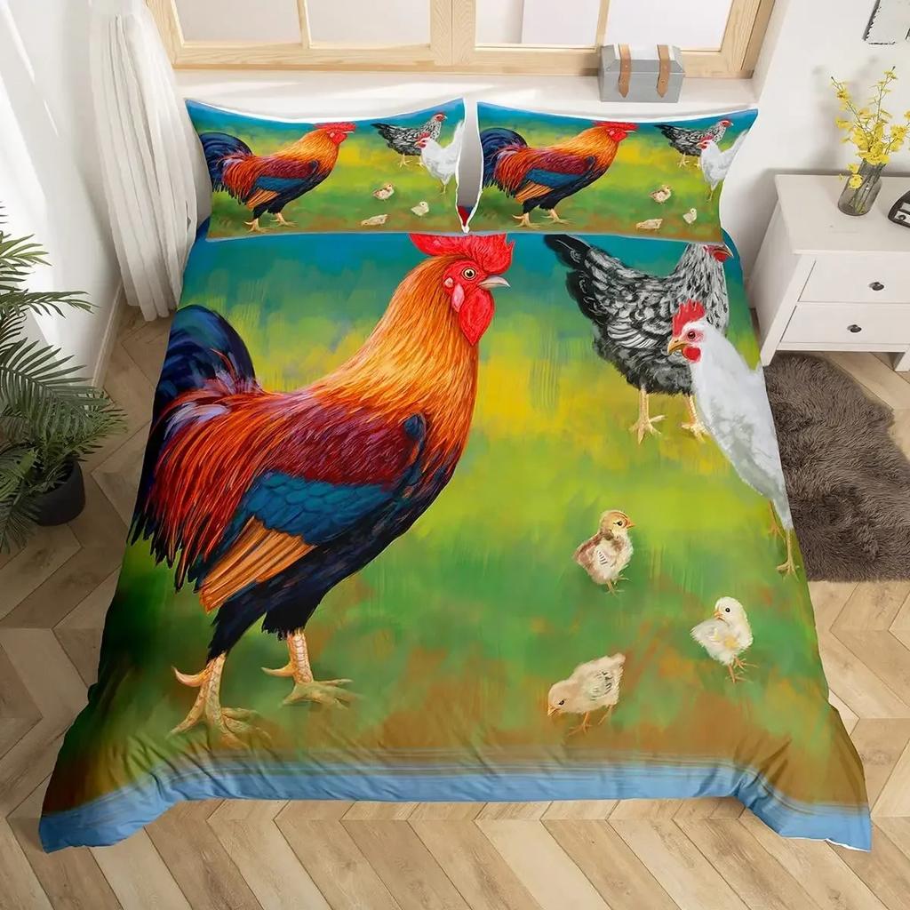 Vintage Rooster Hen Comforter Cover Farmhouse Cock Duvet Cover Farm Chicken Bedding Set King Chicken Coop Country Decor For Home