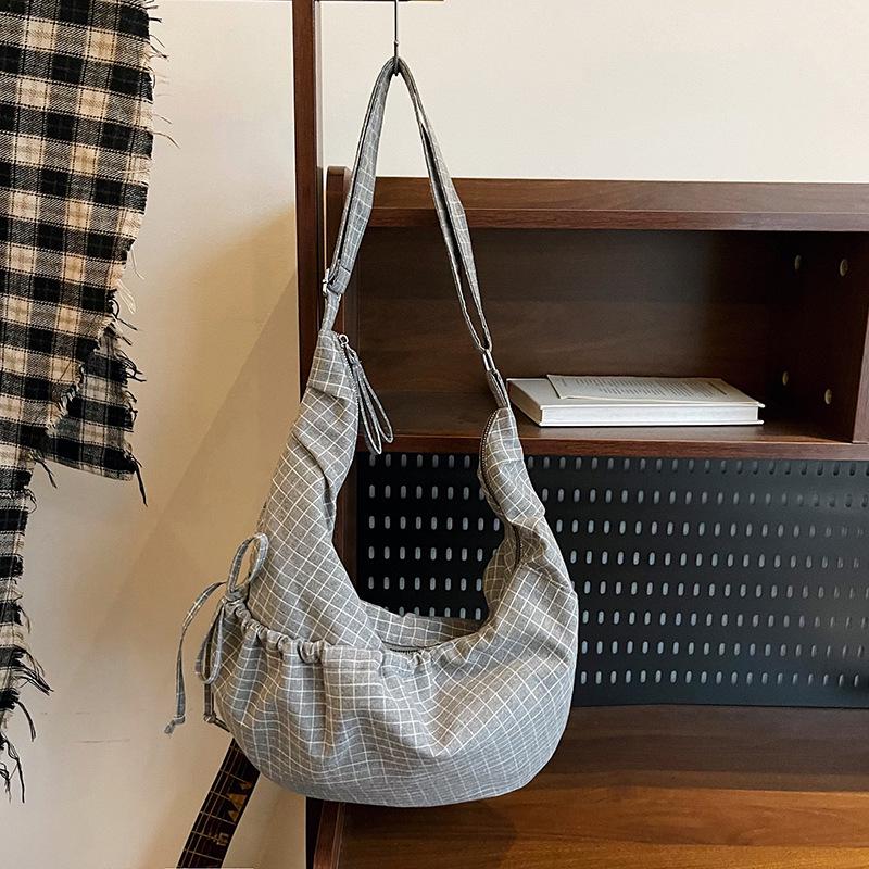 Women's 2025 Korean Style Plaid Canvas Bag - Large Capacity Shoulder & Crossbody Dumpling Bag