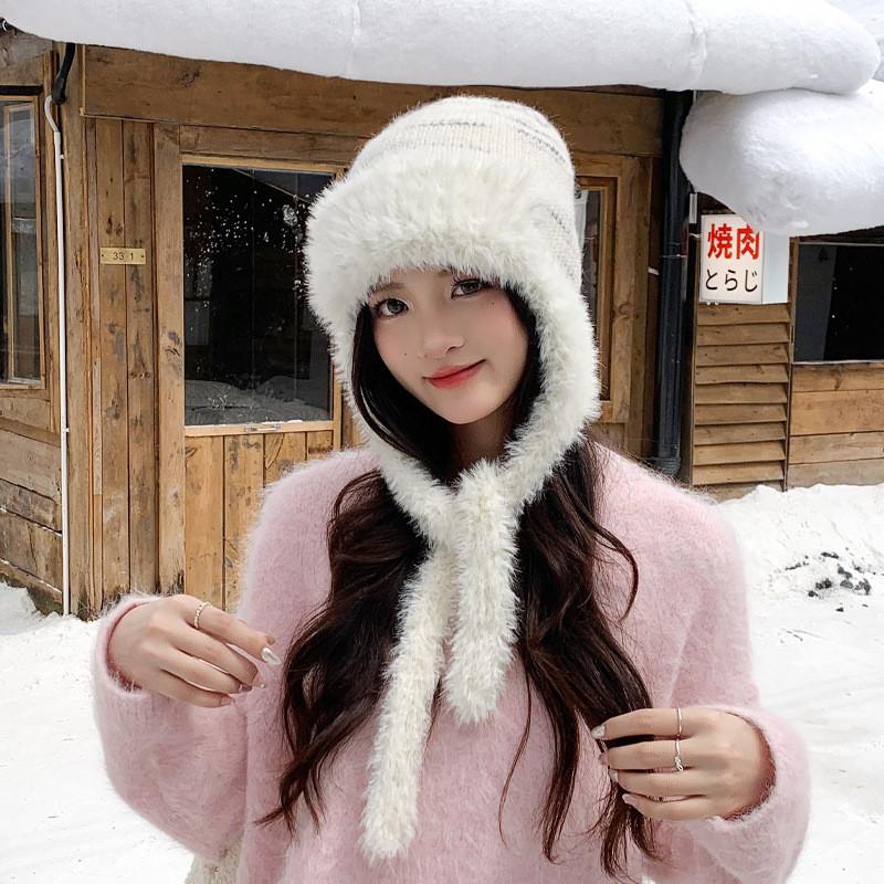 Winter Wool Blend Knit Earflap Cap With Windproof Warmth For Casual Wear MilkWhite