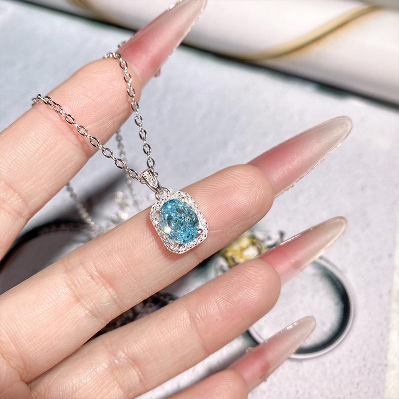 S925 Sterling Silver Aquamarine & Zircon Geometric Necklace for Women