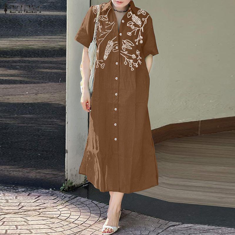 ZANZEA Women Casual Turn Down Collar Short Sleeve Print Shirt Dress