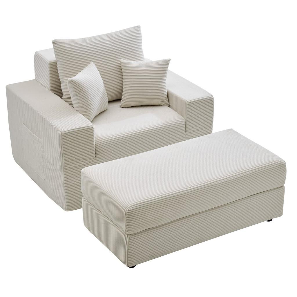 Chaise Lounge Chair, 1115 mm Boneless Modular Chaise Lounge Indoor, Oversized Corduroy Reading Chair with Throw Pillows & Armrests, Deep Seat Sofa