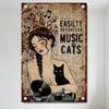 Vintage Music Cats Tin Sign, Woman with Musical Note Crown & Black Cat Gramophone Metal Poster, Retro Newspaper Background Wall
