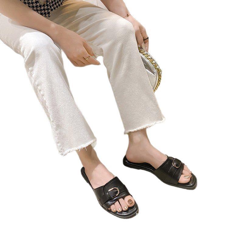 Cool slippers women's summer wear fashion sense metal buckle half slippers soft leather square head flat bottom beach one-word slippers