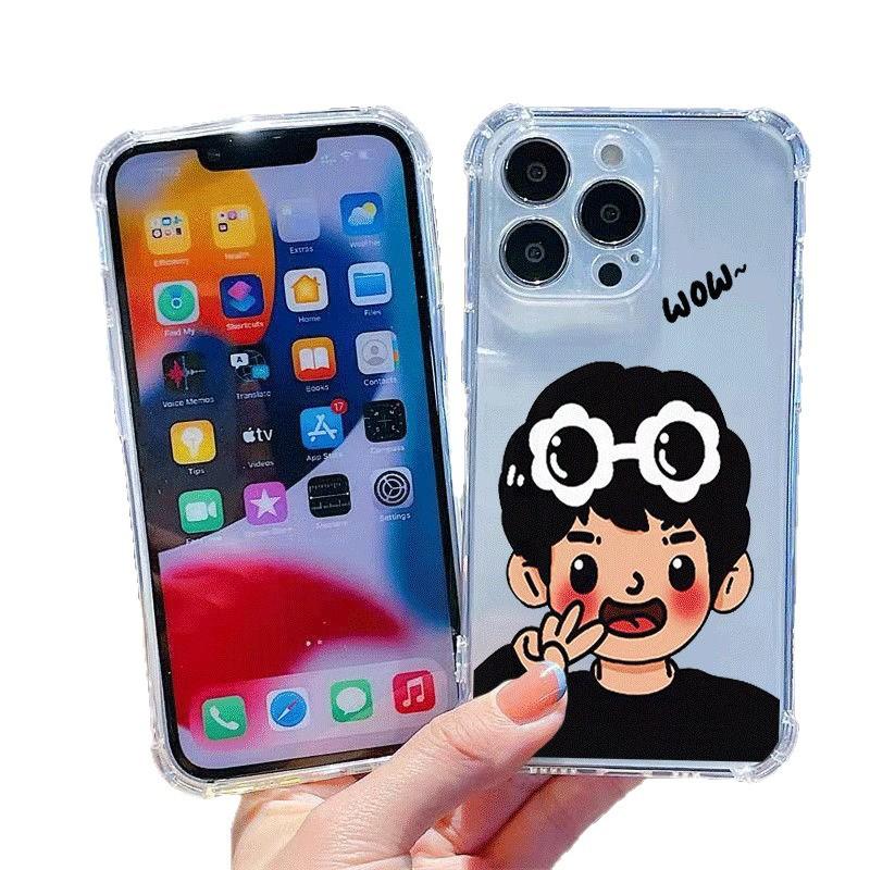 Transparent Four-corner Anti-fall Mobile Phone Case Ins Style for Apple Mobile Phone Protective Cover Half Pack Fortune Mobile Phone Case