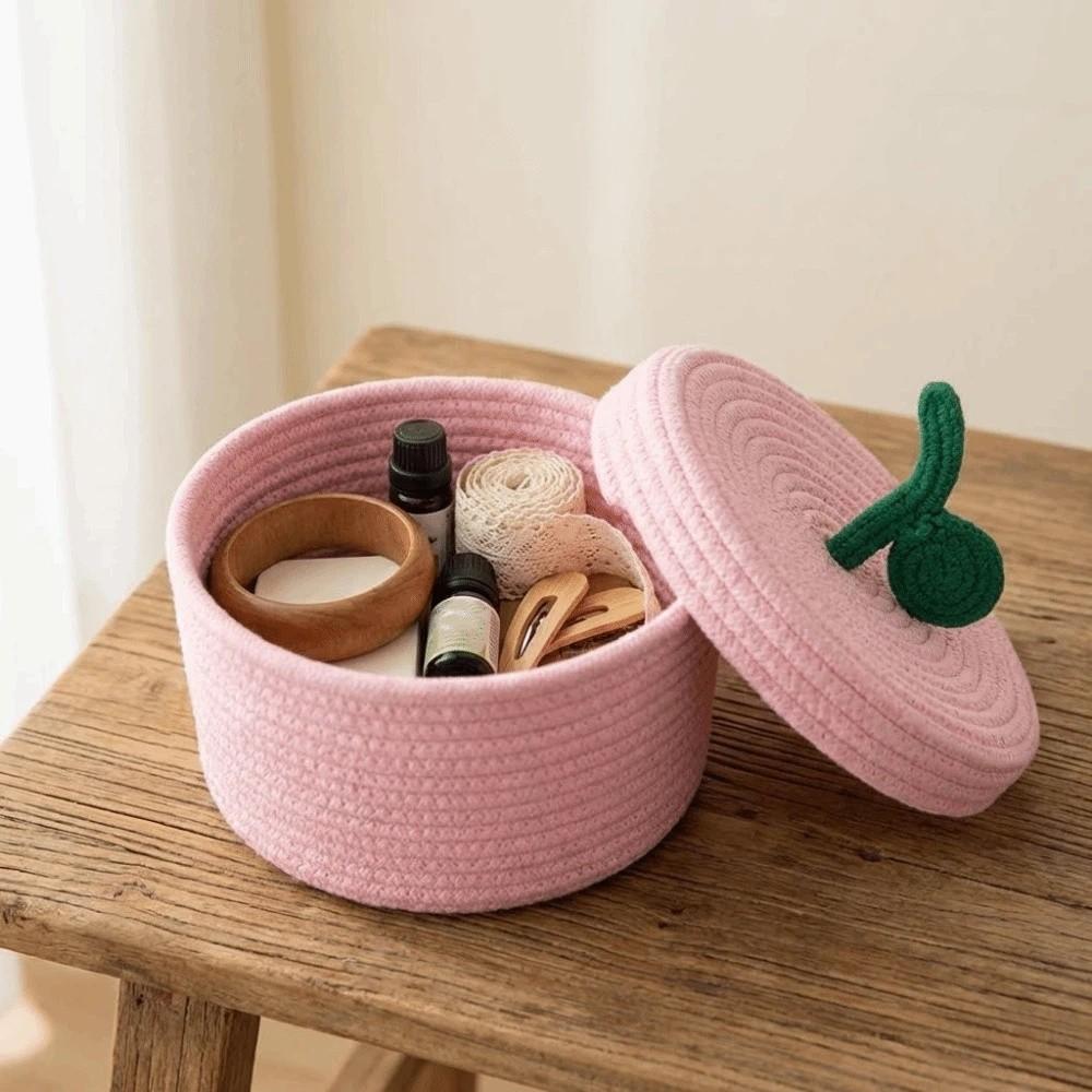 Round Cotton Rope Storage Basket Large Capacity Decorative Stationery Storage Box with Lid Sundries Storage Basket Desktop