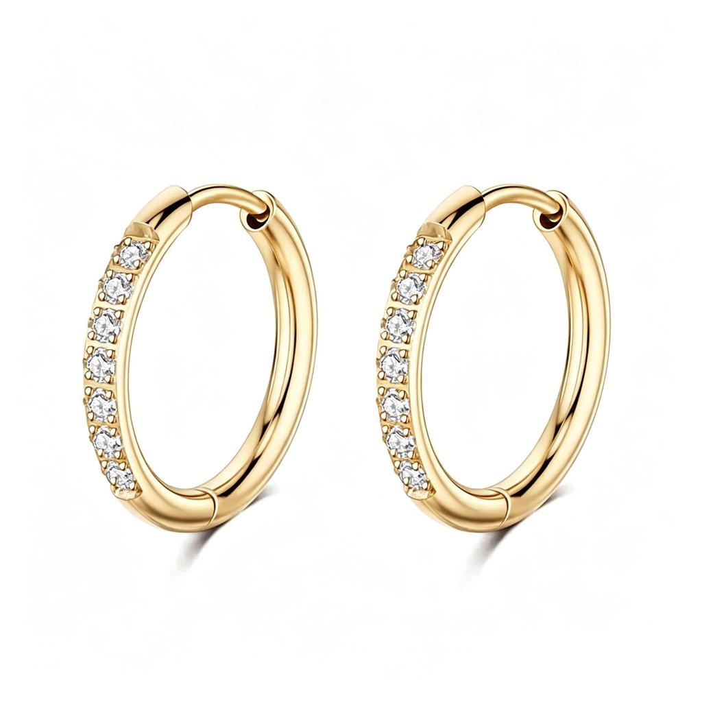 Gold Zirconia Stainless Steel Hoop Earrings - Versatile Round Micro Paved Studs with Stones.