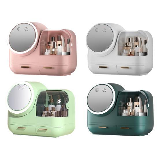 Dustproof Makeup Storage Box with LED Mirror Large Capacity Multiple Compartments Countertop Makeup Storage Organizer