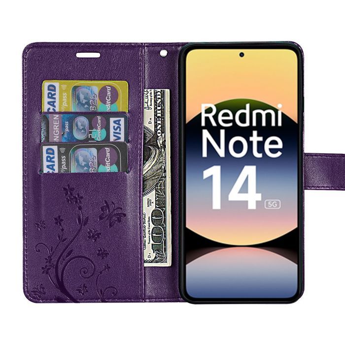 Case and Tempered Glass - E.F.CONNECTION - For Xiaomi Redmi Note 14 5G - Synthetic - Butterfly Pattern - Dark Purple