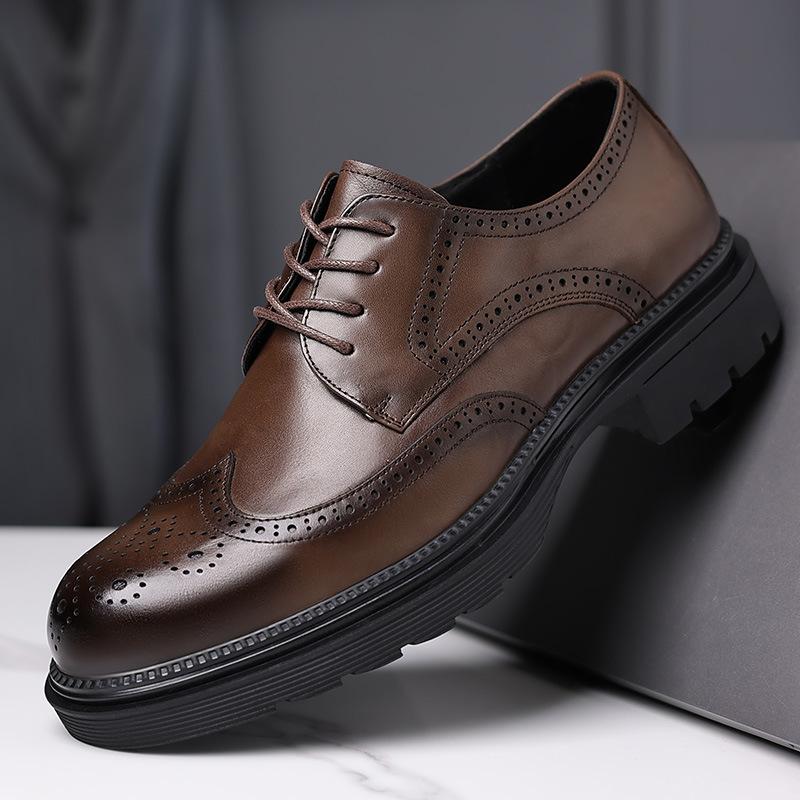 Men's leather shoes leather new dress Brock leather shoes high sense business British platform men's shoes first layer cowhide
