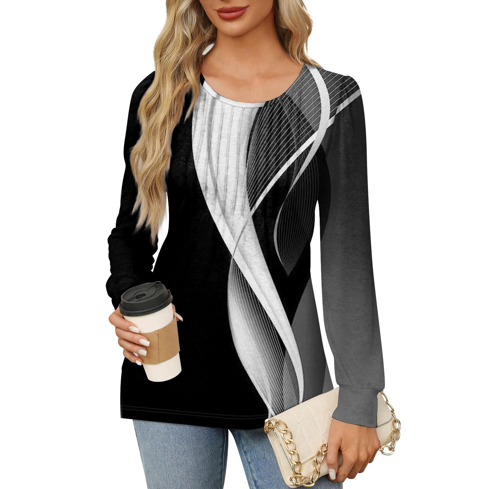 Женская повседневная плиссированная футболка с круглым вырезом и длинными рукавами — фото 14