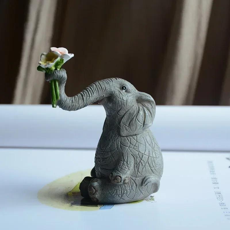 

Lucky Elephant Figurines Fairy Garden Animal Ornaments Home Decor Living Room Decoration Souvenir Crafts Kawaii Accessories LS B-hold flowers