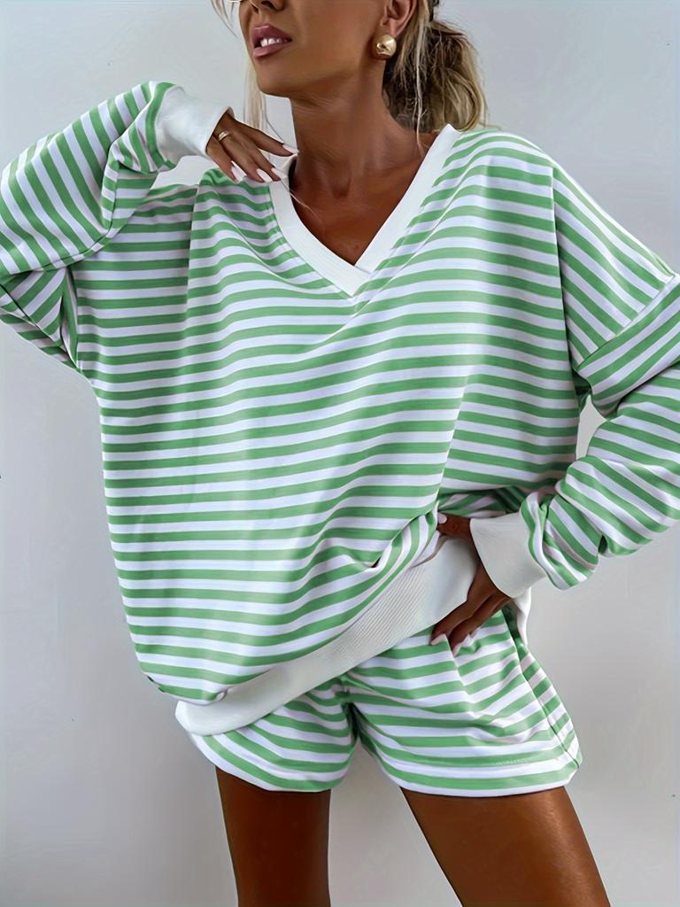 Europe, America Spring and Summer New V-neck Sweater Set Fashion Sports Long-sleeved Pullover Sweater Shorts Two-piece Set