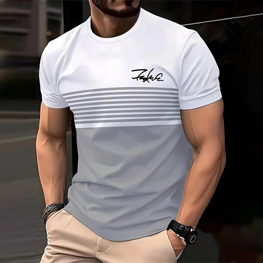 Fashion Striped Printed Short Sleeved T-shirt for Spring and Summer Casual Round Neck T-shirt, Soft and Breathable Men's T-shirt