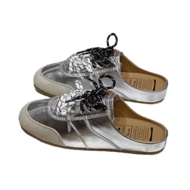 Leather casual bag head half-drag soft-soled Muller one-pedal lazy thick-soled flat-bottomed silver Agande training board shoes women
