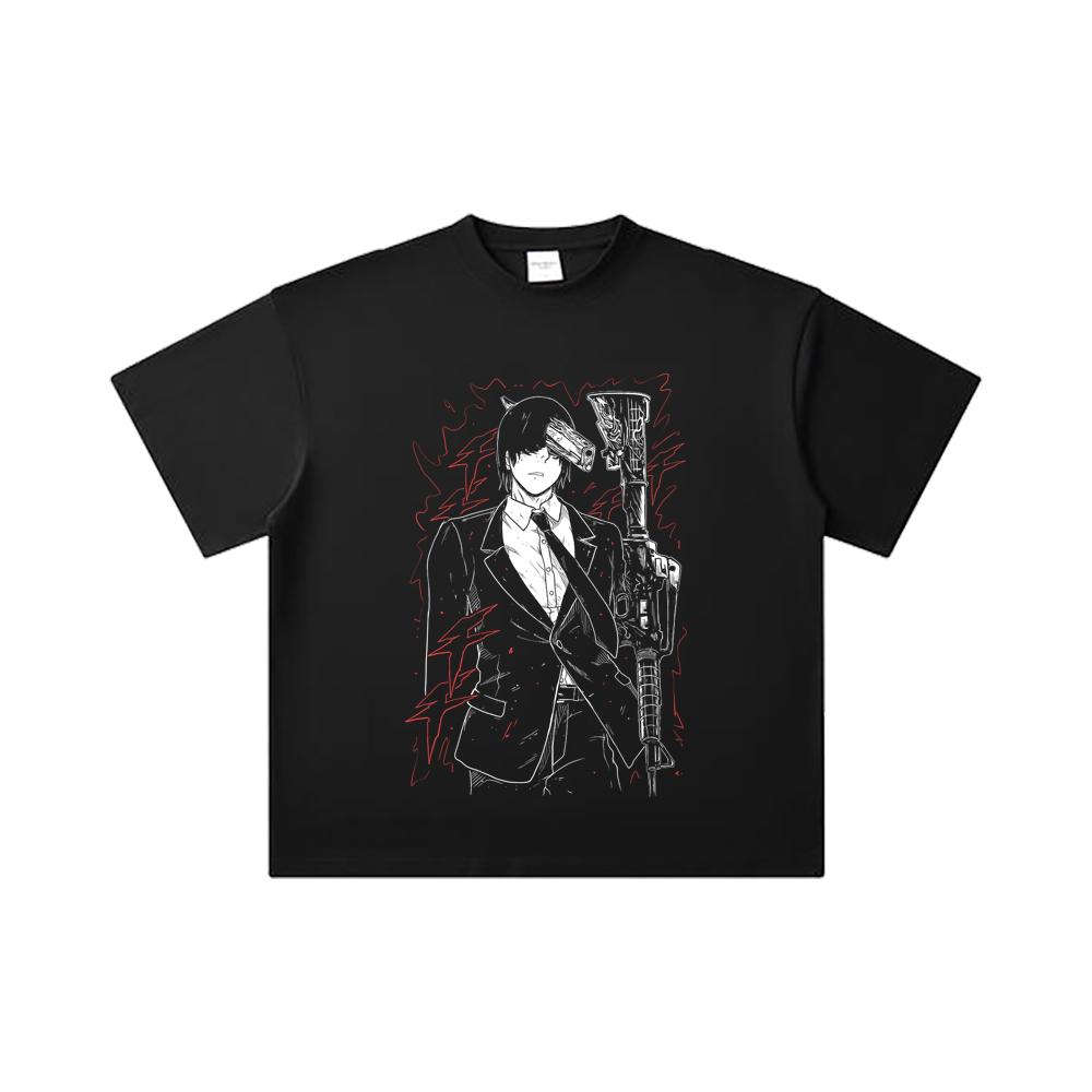 260 GSM Double Yarn 32 Count 100% Cotton Chainsaw Man V30 Gun Devil Print Unisex Heavy Cotton T Shirt
