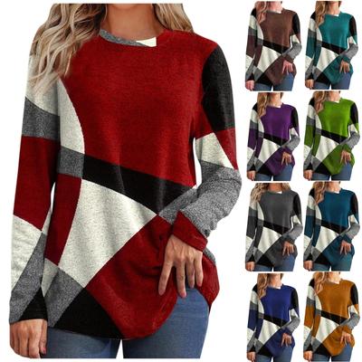 Damen-Sweatshirt aus dünnem, geometrischem Kontrast, französischem Kaschmir, langärmlig, mit lockerem Druck
