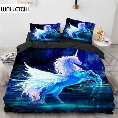 Blue Unicorn Duvet Cover Set Wild Animals Horse Polyester Bedding Set King Queen Full Size For Kids Boys Girls Comforter Cover