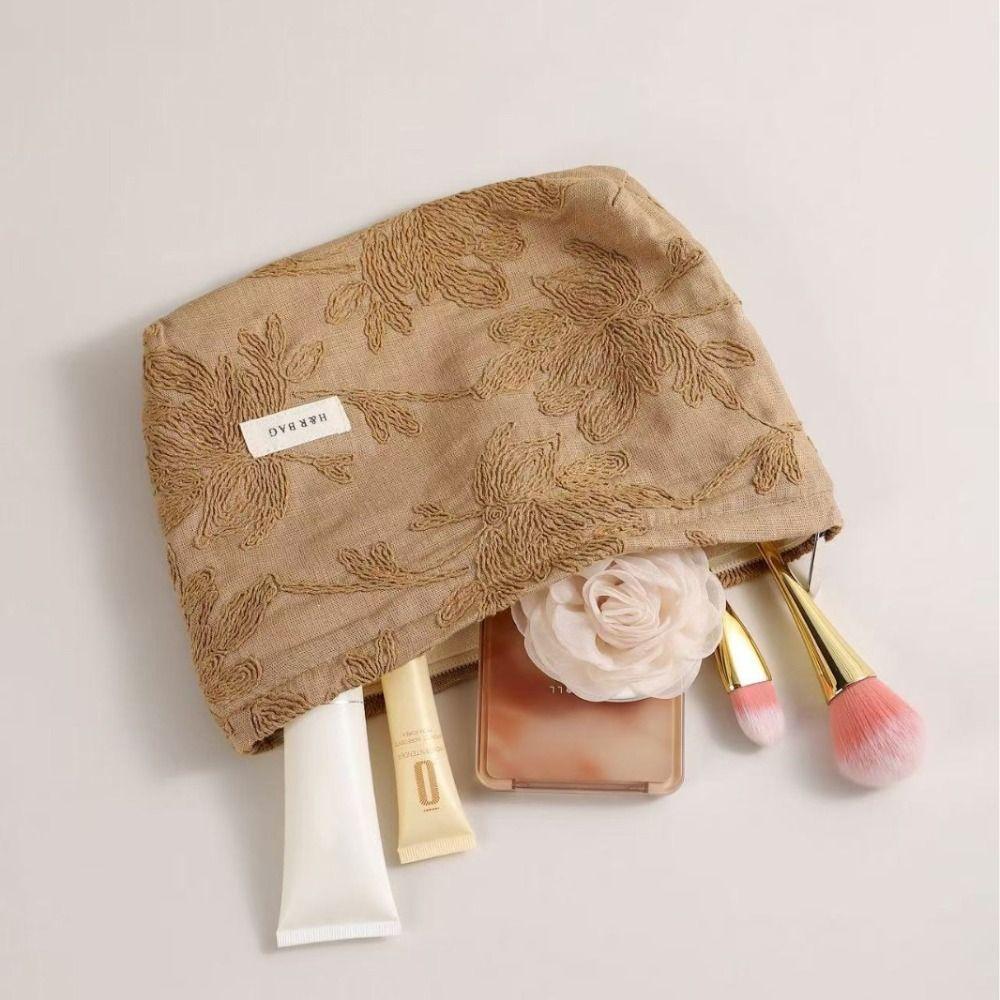 French Style Embossing Cosmetic Pouch Pillow Shape Charming Canvas Makeup Bag Portable Elegant Skincare Zipper Bag Travel
