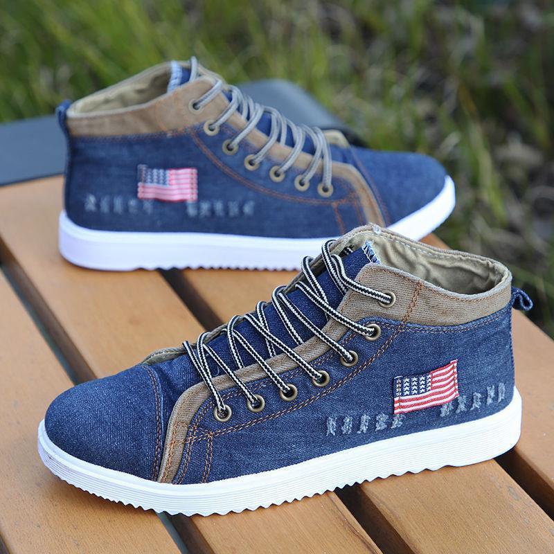 Zapatos Casuales para Hombre Estilo Británico Zapatillas de Lona Denim Botines de Caña Alta Negros para Hombre Calzado Plano Chaussure Homme 2024