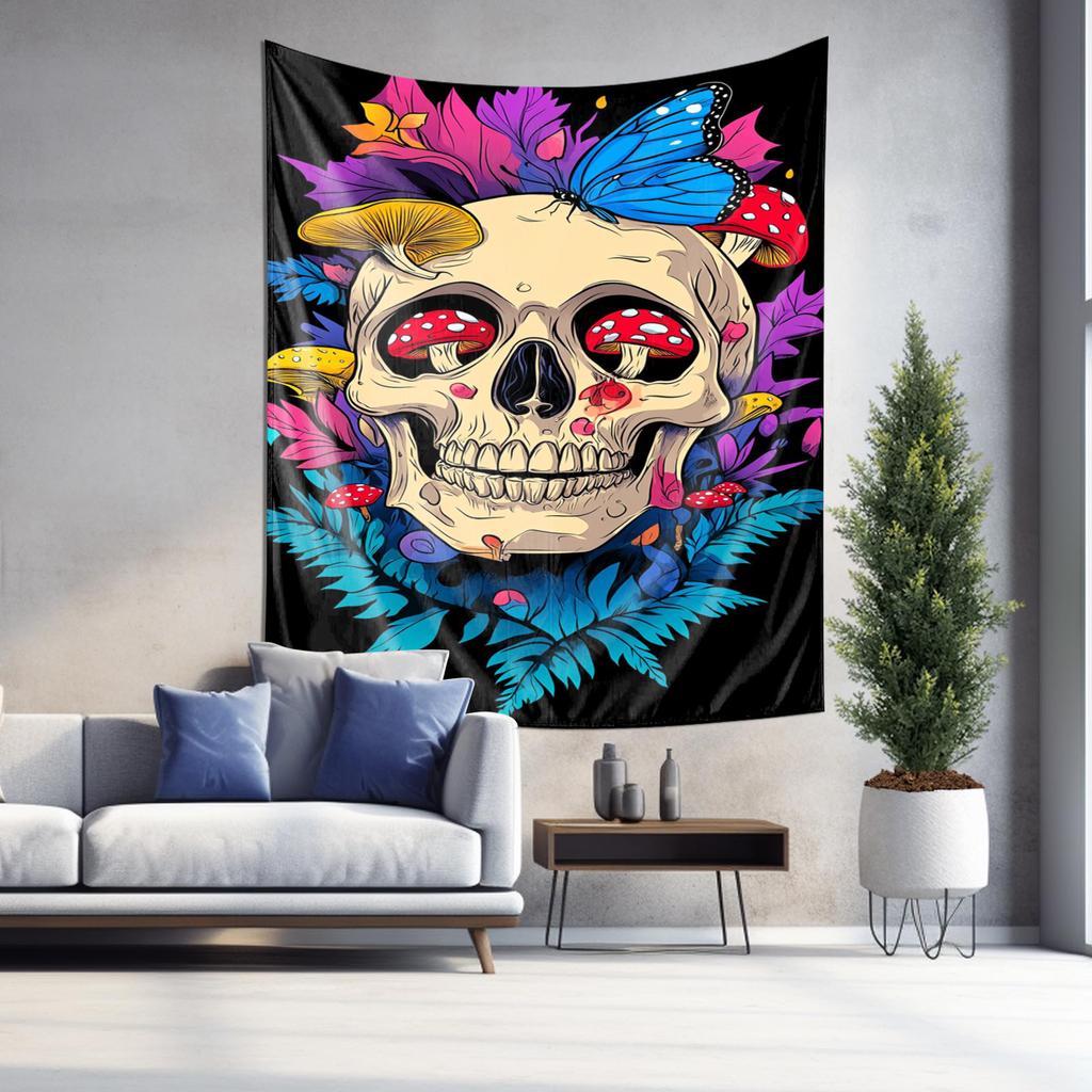 Mysterious Skull and Butterfly Tapestry  Colorful Mushroom and Feather Decor Home Wall Art Decoration