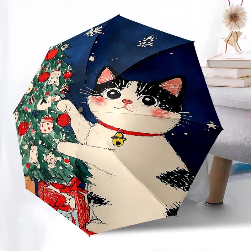

1pc Christmas Cat Automatic Folding Umbrella, Festive Gift for Fans, Travelers & Daily Use, Portable 3-Fold Design with Iron Frame.X049