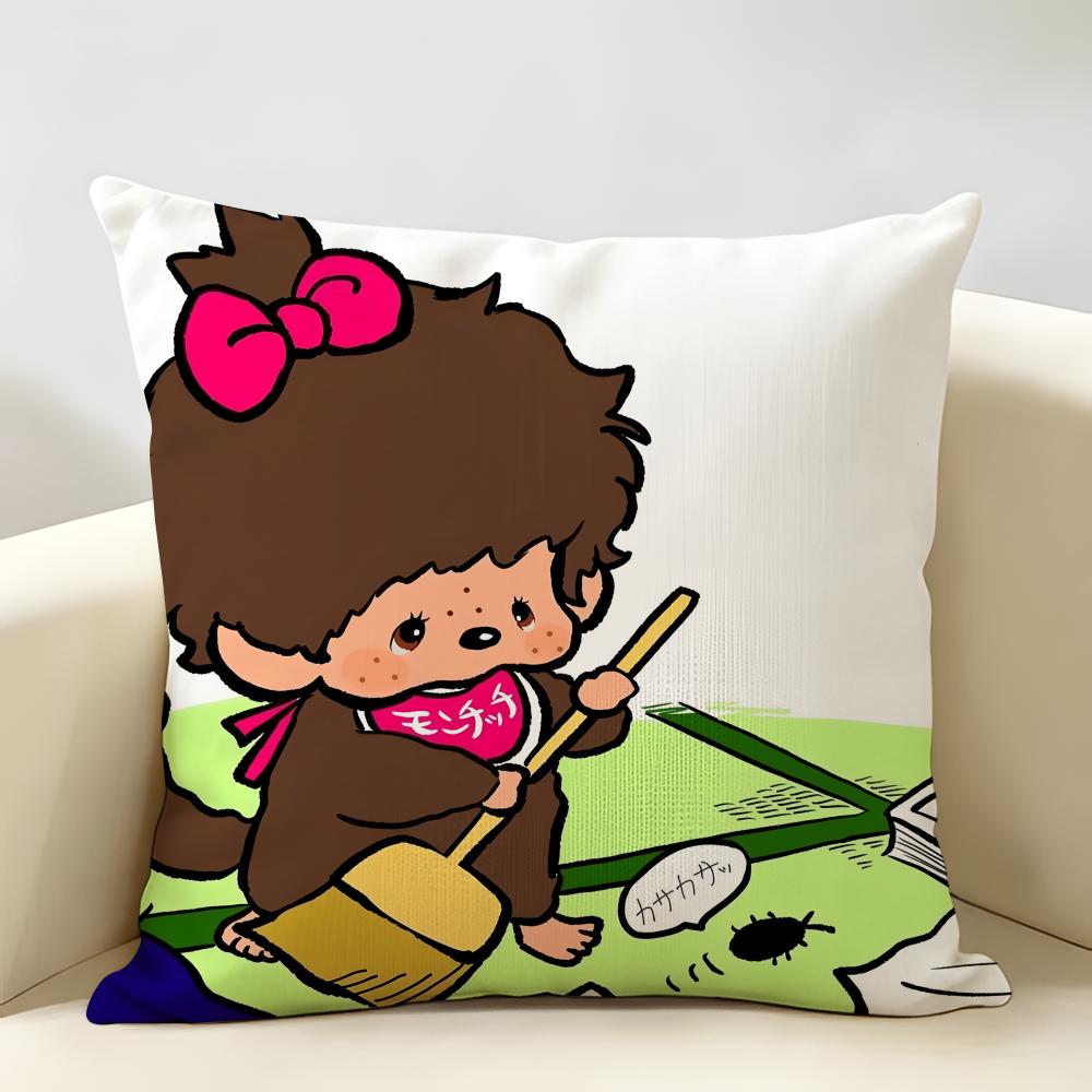 MMonchhichi Cute Cushion Cover Natural Linen Organic Fabric DoubleSided Printing Room Sofa Decor Pillow Case