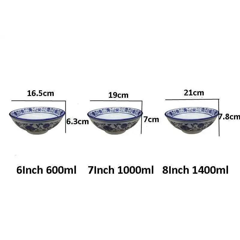 Chinese Blue and White Ceramic Ramen Soup Bowl Porcelain Instant Noodle Home Kitchen Tableware Rice Bowl Underglaze Color Craft