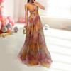 Women Evening Dress Backless Low Cut Sleeveless Spaghetti Strap Mesh Colorful Printing Pleated A Line Floor Length
