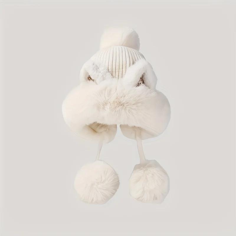 Women's Faux Fur Cat Ear Beanie – Glitter Accents & Plush Pom-Pom Thick Warm Skull Cap with Elastic Cuff Windproof Winter Hat