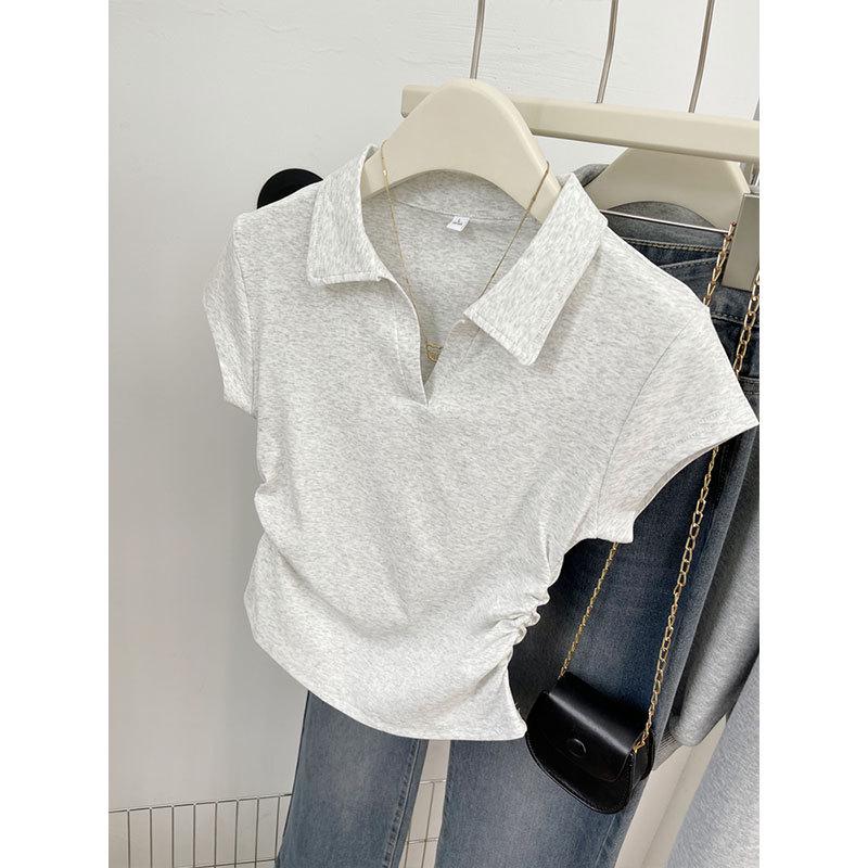 Women's Irregular Pleated Short Sleeve Cotton Polo Shirt