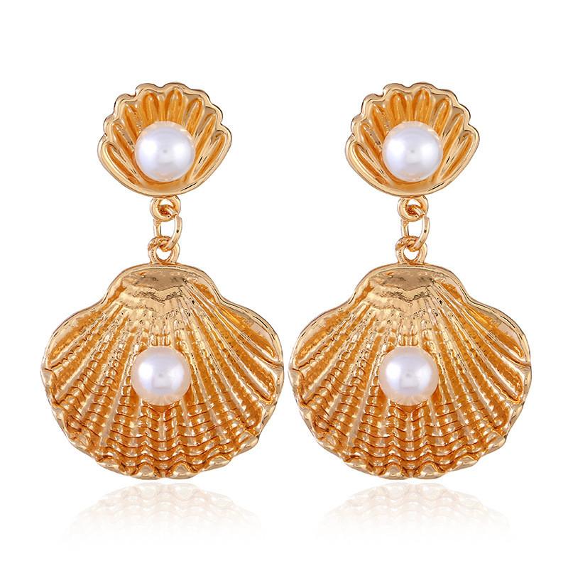 Stylish Shell Pearl Drop Earrings With Electroplated Finish For Women Travel Souvenir золотой