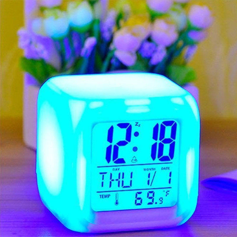 LED Digital Alarm Clock Fashion Electronic Clock Multifunction Digital Alarm Thermometer Glowing Cube 7 Colors Clock Kids