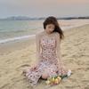 Split Suspender Floral Dress Women's Small Waist French Retro Seaside Beach Dress Summer