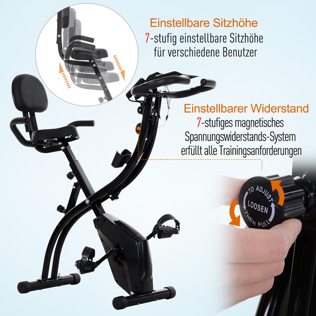 2-in-1 Folding Exercise Bike with 8-Level Magnetic Resistance, Arm Resistance Band, Pulse Sensor, Black