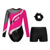Girls Gymnastics Outfit Long Sleeve Rhinestone Leotard Cutout Back Patchwork Design with Waistband Shorts