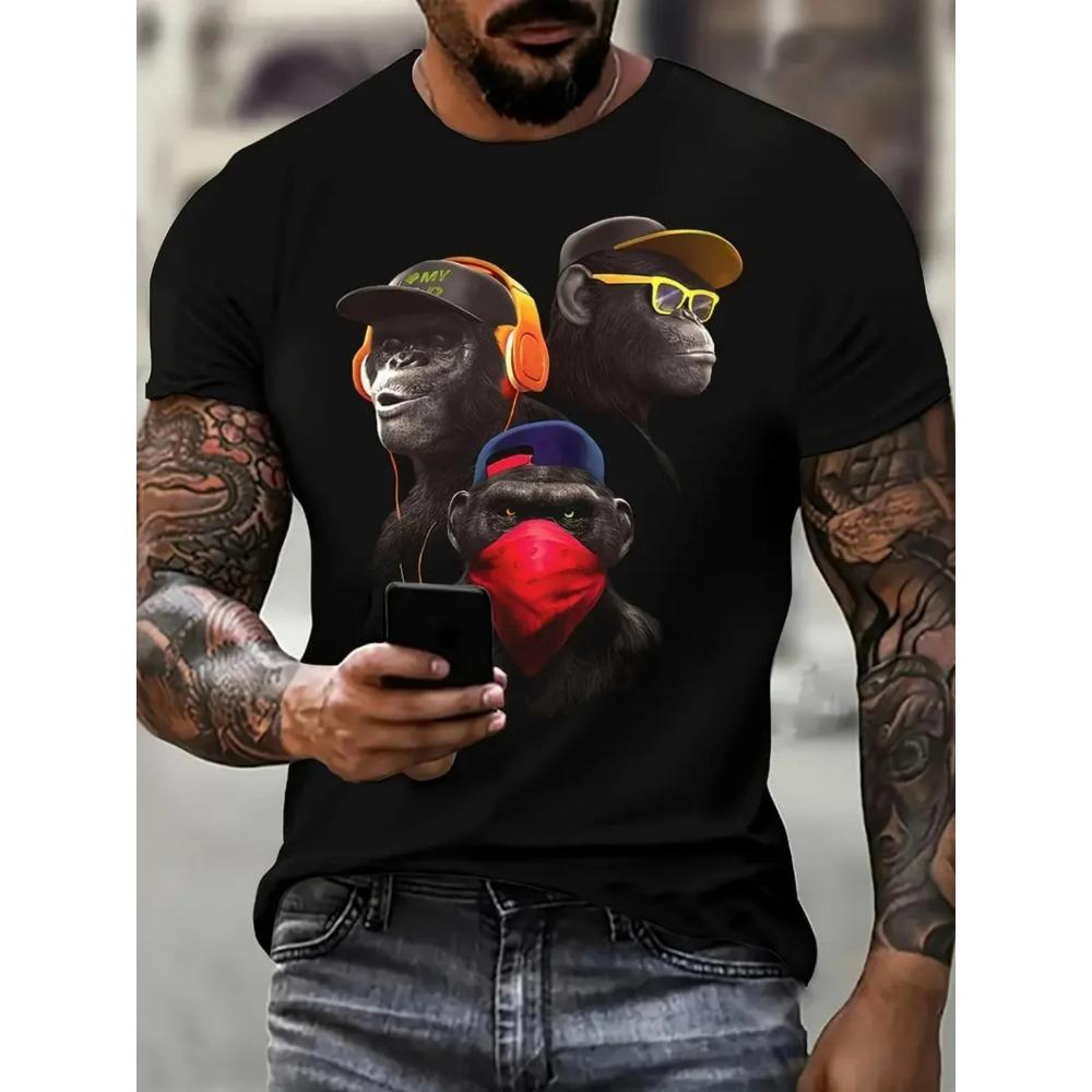 Summer Men Monkey Pattern T-Shirt Hip Pop Short Sleeve Fashion Comfortable Soft Large Size Round Neck T-Shirt