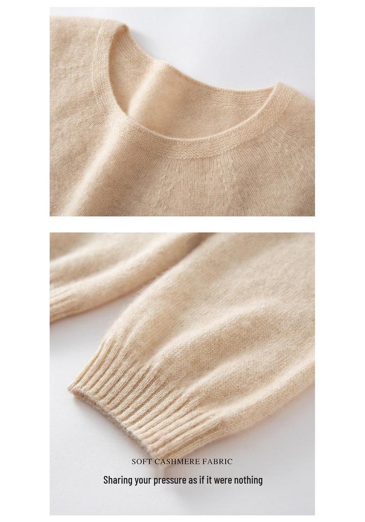 Women's Round Neck Versatile Cashmere Sweater - Solid Color, Long Sleeve, Fashionable Lazy Style for Spring, Autumn, and Winter