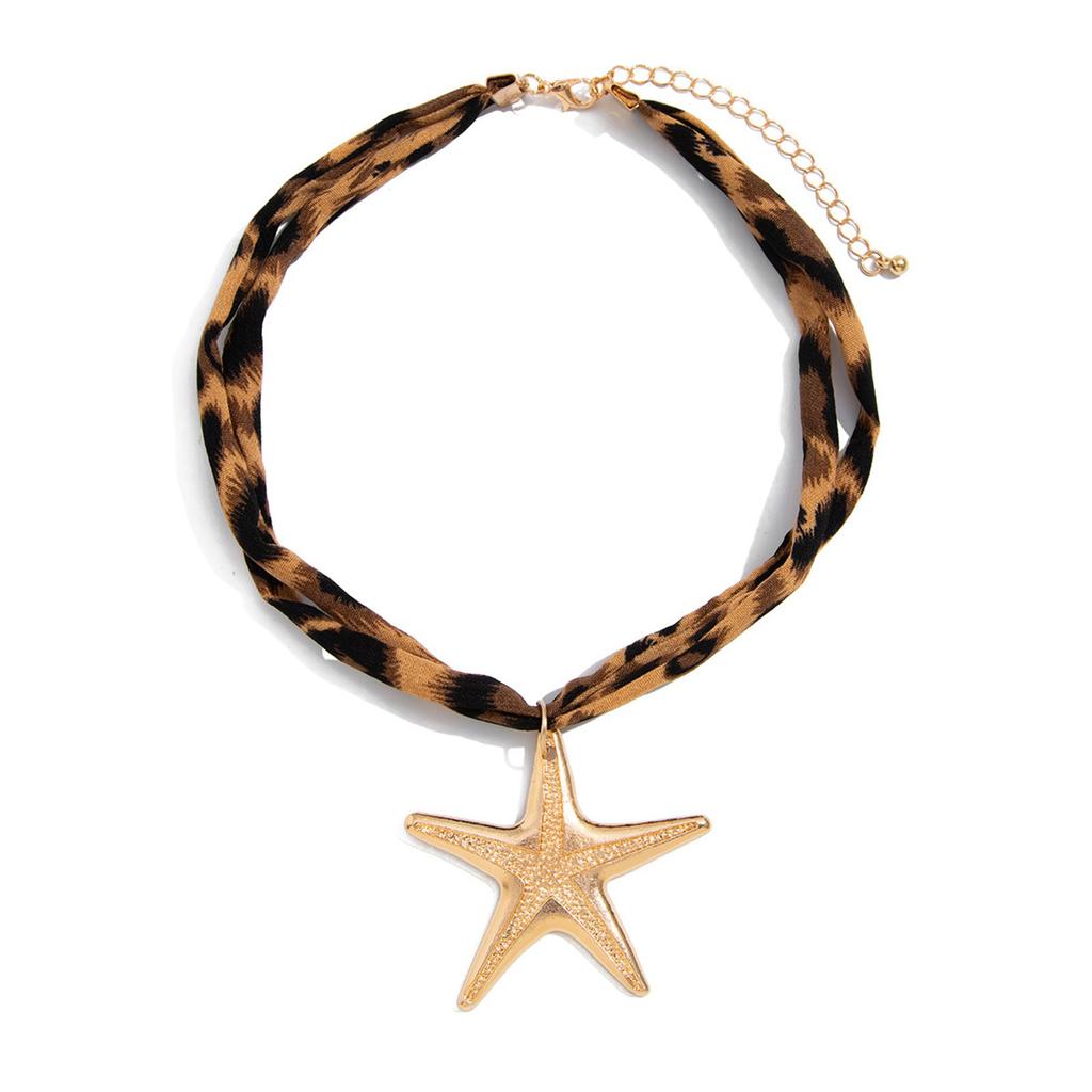 Adjustable Sea Star and Conch Pattern Cotton Cloth Necklace With Alloy Charm for Casual Outfits or Travel Accessories
