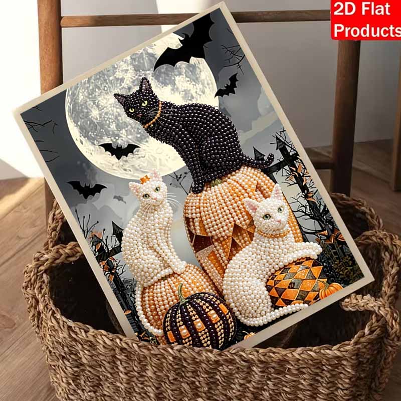 Halloween Pearl Painting Art Full Pearl Black White Cats Pumpkin Handmade Diy Home Decorations