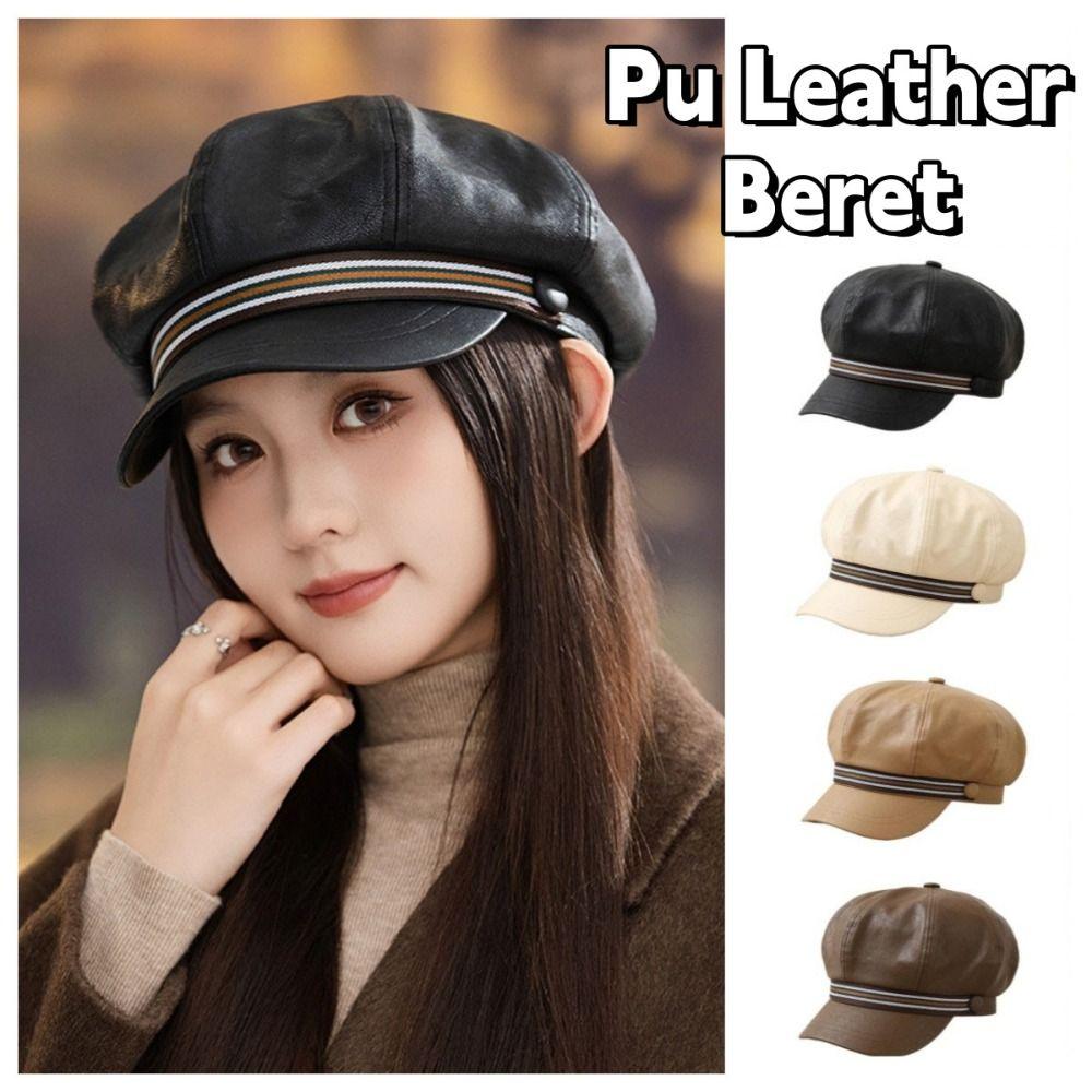Windproof Octagonal Hat Warm Painter Hat Personality Pu Leather Beret  Autumn