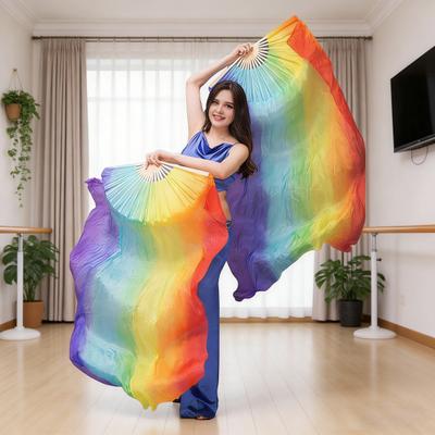 Gradual Color Dancing Fan Handmade Belly Dance Veils Unique Hand Dyed Fan Stage Show Prop for Adult Kid